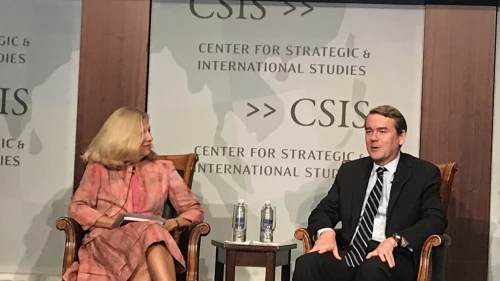 Sen. Michael Bennet (D-Colo.) talks about his latest book, “Dividing America: How Russia Hacked Social Media and Democracy,” at the Center for Strategic and International Studies in Washington, D.C., on Sept. 10, 2019. Credit: Jackson Richman/JNS.