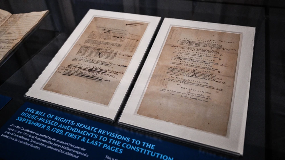 “The Bill of Rights” documents on display at a preview of the “Freedom Plane National Tour: Documents That Forged a Nation” exhibition at the Museum of Miami, Fla., on June 18, 2026. The museum was one of eight venues selected to host the National Archives traveling exhibition marking the 250th anniversary of the United States, from June 20 to July 5, 2026. Photo by Chandan Khanna/AFP via Getty Images.