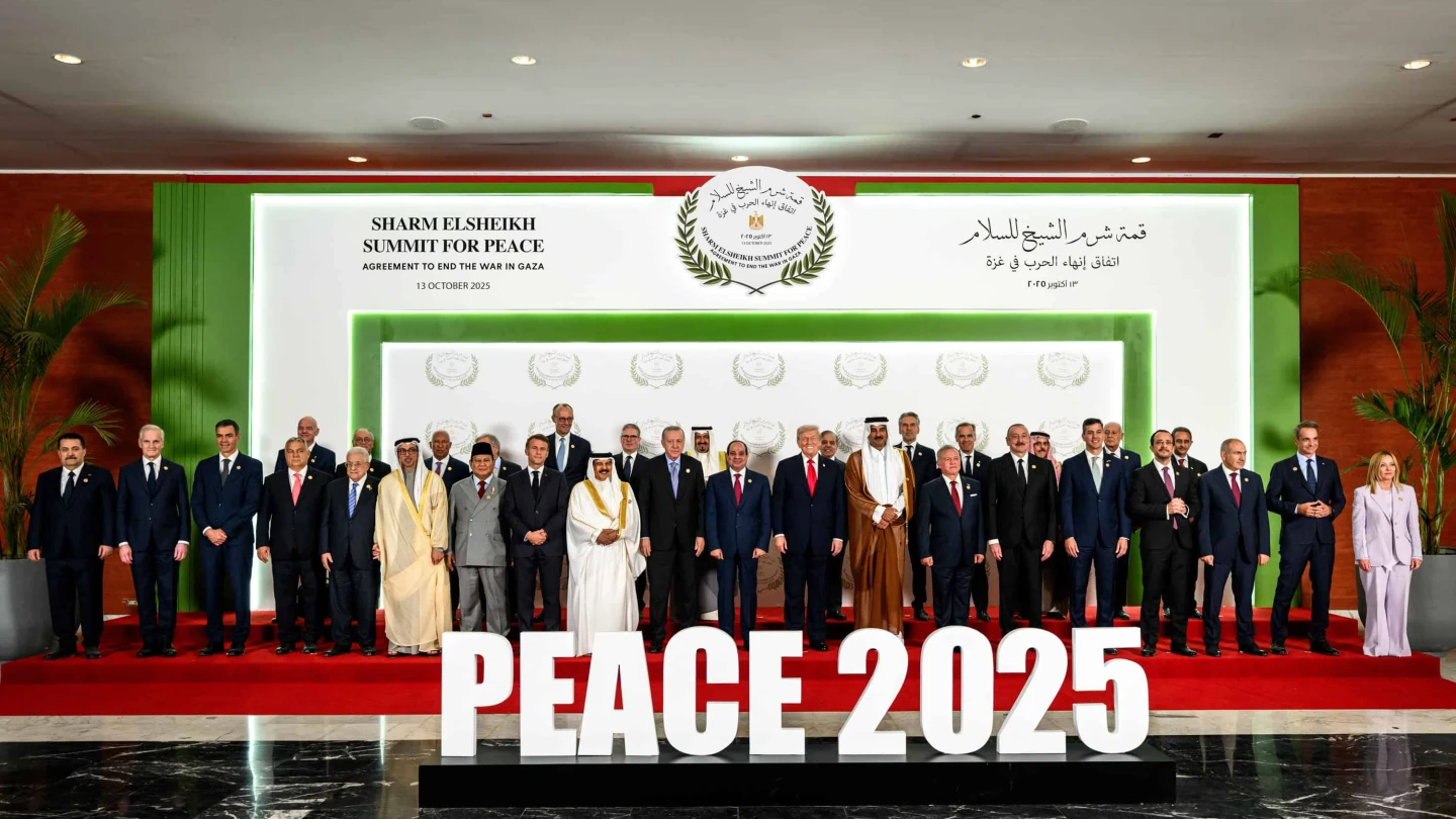 U.S. President Donald Trump poses for a photo with world leaders during a summit on ending the war in Gaza and advancing peace in the Middle East,at the Tonino Lamborghini International Convention Center in Sharm-el Sheikh, Egypt, on Oct. 13, 2025. Credit: Daniel Torok/Official White House Photo.