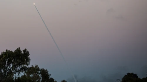 Iron Dome missiles intercept rockets from Gaza, seen in the sky in southern Israel, on Nov. 12, 2018. Credit: Hadas Parush/Flash90.