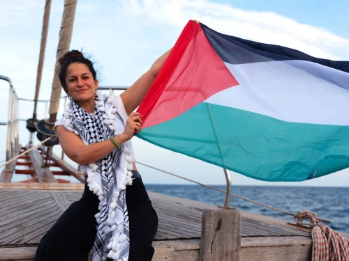 An activist sailing on the Sumud Flotilla, September 2025. Photo by: Gulcin Bekar/Global Sumud Flotilla.