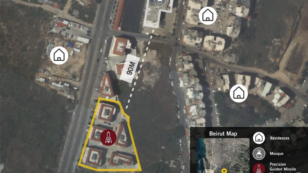 A map provided by the Israel Defense Forces detailing the location of an alleged Hezbollah arms depot in Beirut. Source: IDF Spokesperson's Unit.