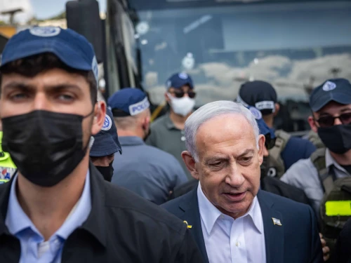 Israeli Prime Minister Benjamin Netanyahu at the scene of a terror attack at the Ramot Junction in Jerusalem, Sept. 8, 2025. Photo by Chaim Goldberg/Flash90.