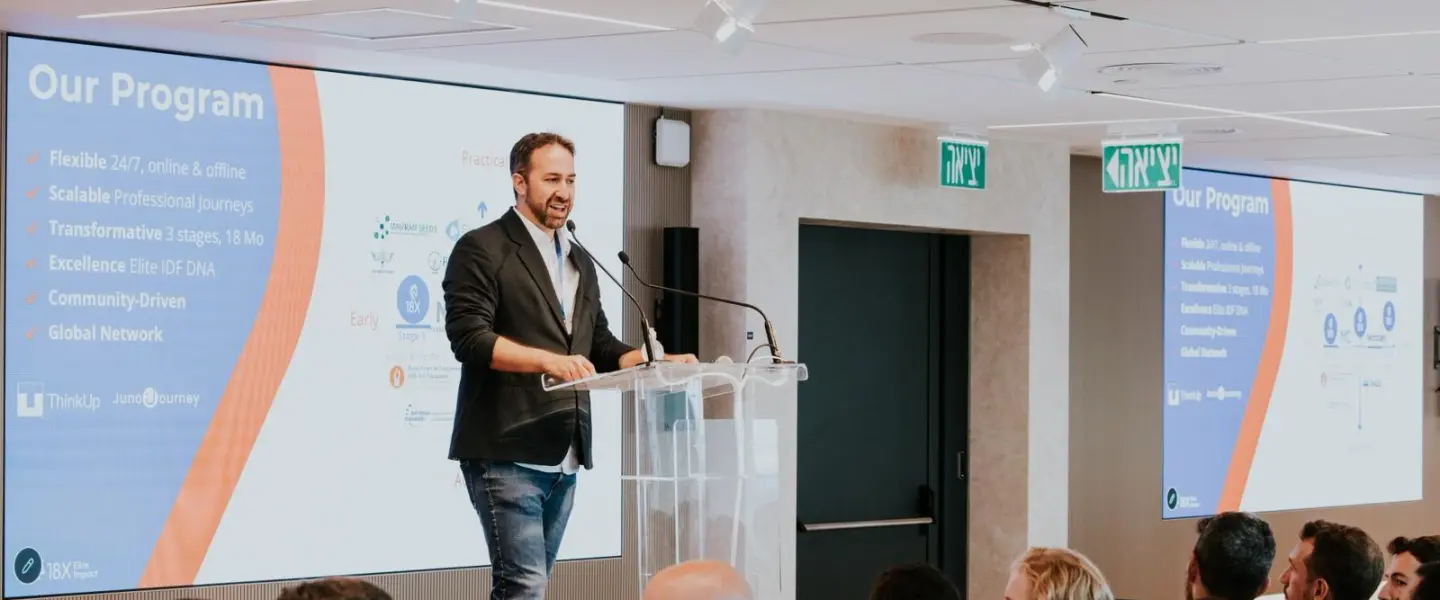Mike Silberg, founder and managing director of 18X Elite Impact, talks to representatives of 150 new startups built by IDF reservists in Tel Aviv, May 10, 2026. Photo by Benny Rotlevy.