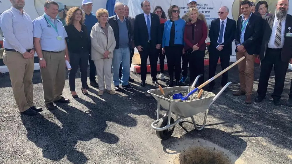 Those gathered at a cornerstone ceremony for a new emergency department and trauma center at Soroka Medical Center in Beersheva, to be called the Frances and Nathan Kirsh Emergency Department, on April 23, 2019. Photo by Uri Leventer-Roberts.