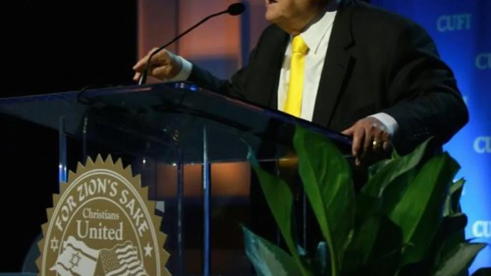Click photo to download. Caption: Pastor John Hagee, the founder and national chairman of Christians United for Israel (CUFI), speaks at this year's CUFI Washington Summit. Credit: CUFI via Twitter.