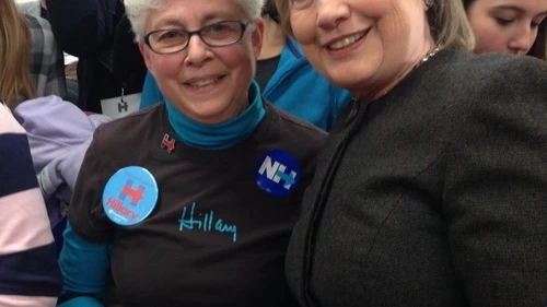 Norma Shulman, 70, (left) in New Hampshire with her presidential candidate of choice, Hillary Clinton. Credit: Courtesy.