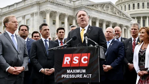 Former U.S. Secretary of State Mike Pompeo joins Republicans to unveil the Maximum Pressure Act, April 21, 2021. Source: Twitter/Republican Study Group.