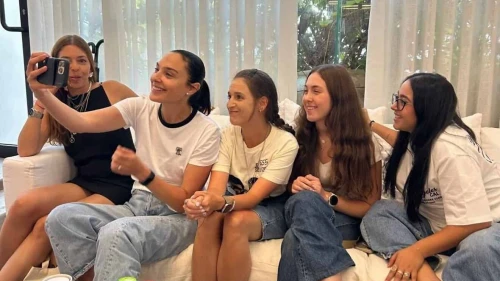 Israeli actress Gal Gadot (second from left) meets with freed Hamas hostages Doron Steinbrecher, Liri Albag, Naama Levy, Moran Stella Yanai and Ilana Gritzewsky, July 22, 2025. Credit: Hostages and Missing Families Forum.