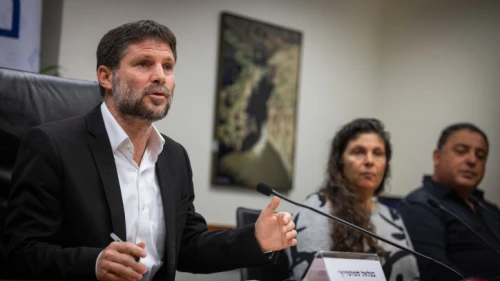 Israeli Finance Minister Bezalel Smotrich holds a press conference with bereaved families in the Ministry of Finance in Jerusalem, on Jan. 8, 2023. Photo by Yonatan Sindel/Flash90.