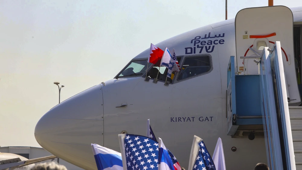 The national flags of Bahrain, Israel and America on an El Al plane to Bahrain flying a delegation to sign a series of bilateral agreements between Jerusalem and Manama, at Ben-Gurion International Airport near Tel Aviv, Oct. 18, 2020. Photo by Marc Israel Sellem/POOL.
