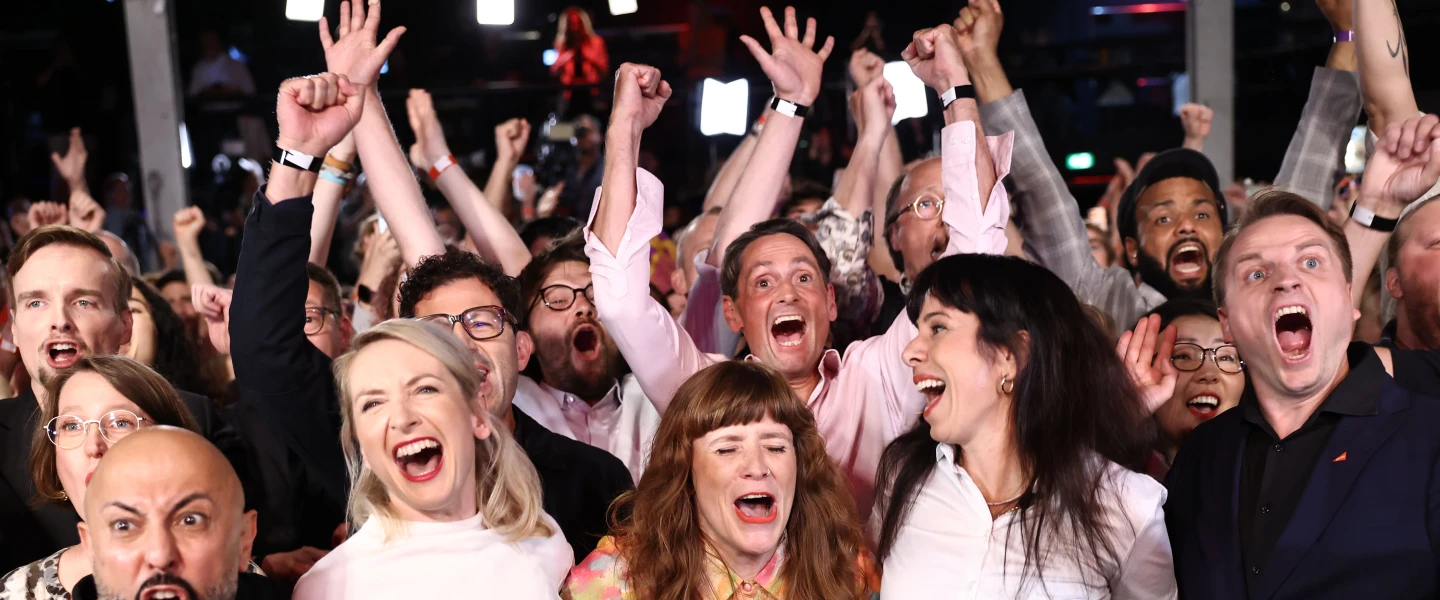 The executive board of Die Linke reacts to preliminary election results following the closure of polling stations in Berlin, Sept. 20, 2026. Photo by Nadja Wohlleben/Getty Images.