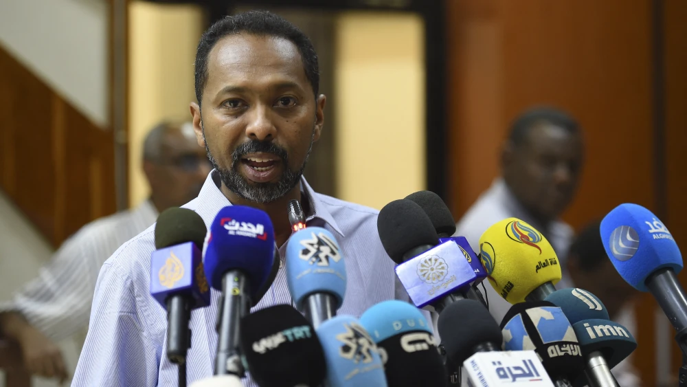 Khalid Omar Yousef, a Sudanese protest leader, speaks to the press in the capital of Khartoum on May 8, 2019. Sudanese protest leaders threatened to launch a nationwide campaign of civil disobedience after accusing the country's military rulers of delaying the transfer of power to a civilian administration. Photo by Mohamed el-Shahed/AFP via Getty Images.