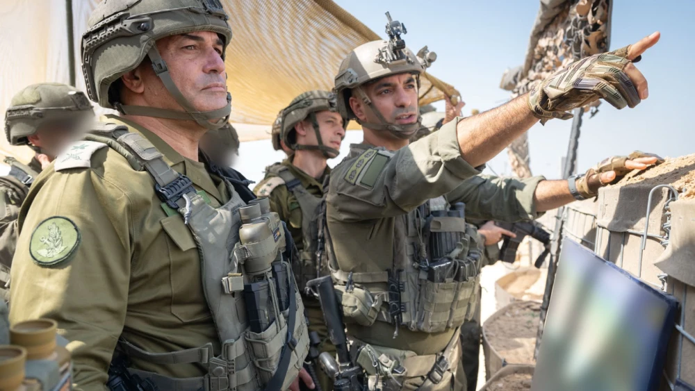 IDF Chief of Staff Lt. Gen. Eyal Zamir, left, listens as a commander points out positions during an operational assessment in the Gaza Strip, Aug. 5, 2026. Credit: IDF.