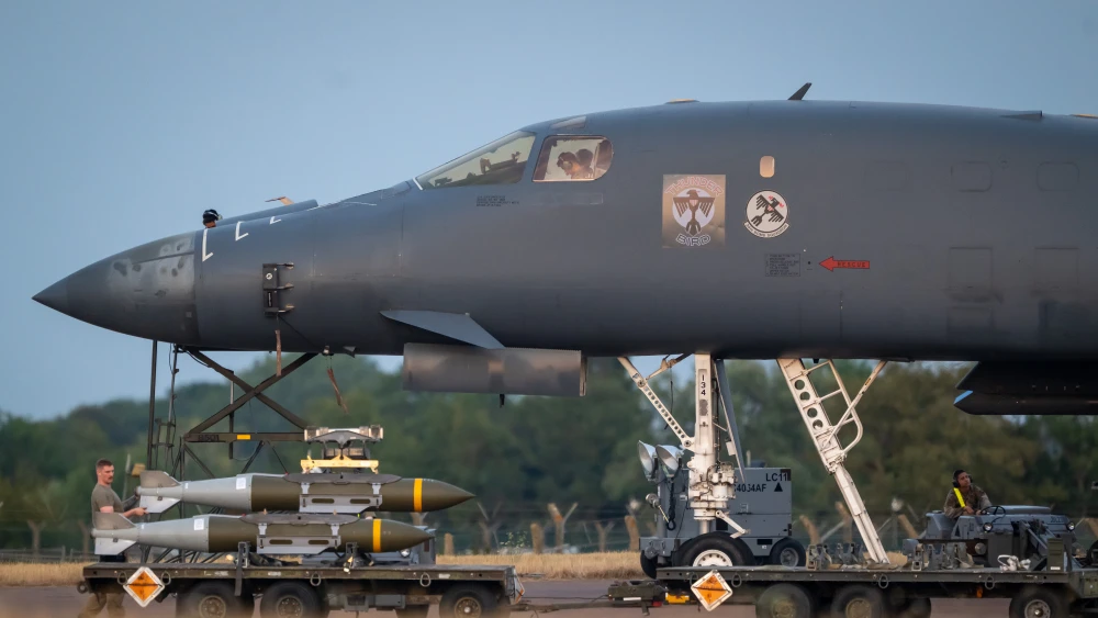 Munitions near a U.S. Air Force B-1 bomber are seen at Royal Air Force Fairford in the United Kingdom, July 24, 2026. Photo by Matthew Horwood/Getty Images.