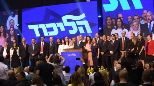 Israeli Prime Minister Benjamin Netanyahu, head of the Likud Party, attends an event with other party members after the release of initial voting results in the Israeli general elections, at the party headquarters in Tel Aviv, on Sep. 17, 2019. Photo by Gili Yaari/Flash90.