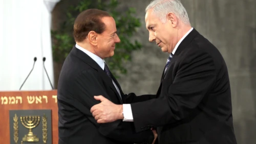 Israeli Prime Minister Benjamin Netanyahu welcomes his Italian counterpart Silvio Berlusconi at his office in Jerusalem. Feb. 1, 2010. Photo by Ariel Jerozolimski/Flash90.