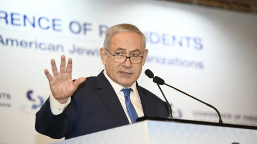 Israeli Prime Minister Benjamin Netanyahu addresses the Conference of Presidents summit in Jerusalem, Israel on Feb. 20, 2019. Credit: Conference of Presidents via Twitter.