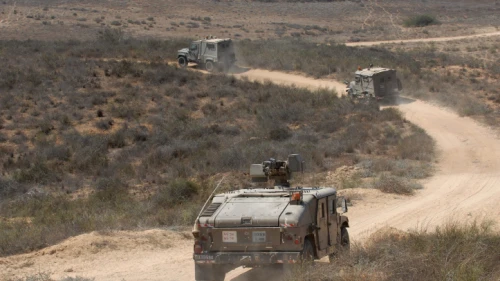 Israeli armored vehicles patrol near the Israel-Gaza border, on Aug. 20, 2011. Photo by Gili Yaari/Flash 90.