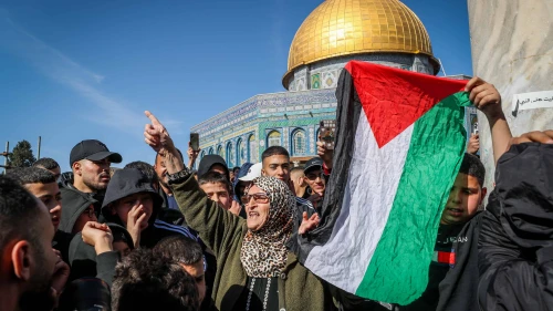 Palestinians protest after Friday prayers on the Temple Mount in Jerusalem, Jan. 27, 2023. Photo by Jamal Awad/Flash90.