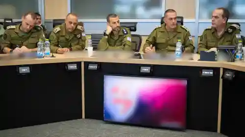 Israel Defense Forces Chief of Staff Lt. Gen. Eyal Zamir (second from right) meets with the General Staff Forum, June 24, 2025. Credit: IDF.