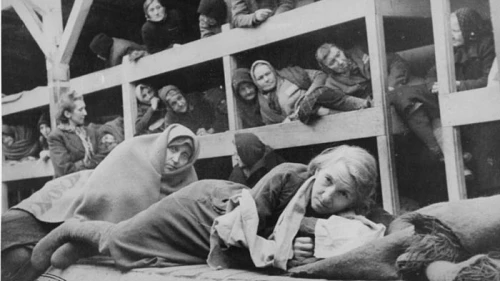 Women in the barracks of the newly liberated Auschwitz concentration camp, January 1945. Credit: United States Holocaust Memorial Museum, courtesy of National Archives and Records Administration, College Park, Md.