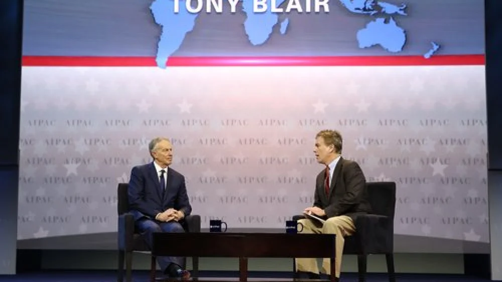 Former British Prime Minister Tony Blair (left) and former CNN correspondent Frank Sesno on the 2017 AIPAC Policy Conference’s stage Sunday. Credit: AIPAC.