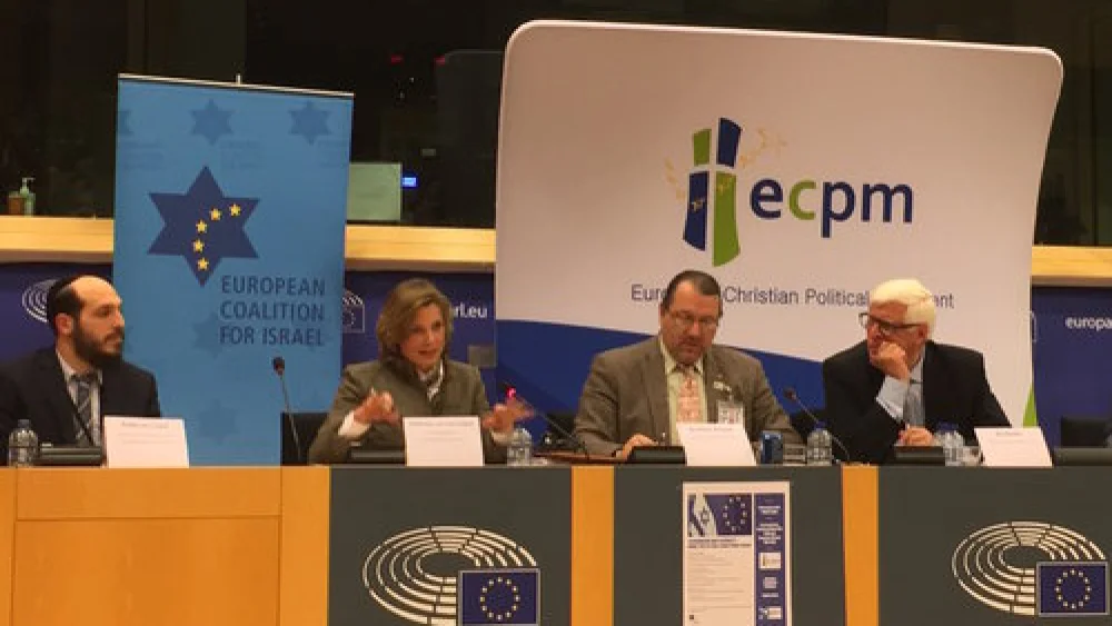 From left, at the Dec. 8 “Terrorism and Security: What the E.U. Can Learn From Israel” conference in Brussels: Rabbi Avi Tawil, director of the European Jewish Community Center in Brussels; Katharina von Schnurbein, the European Union’s coordinator on combating anti-Semitism; Member of the European Parliament (MEP) Branislav Skripek (Slovakia); and MEP Bas Belder (Netherlands). Credit: Orit Arfa.