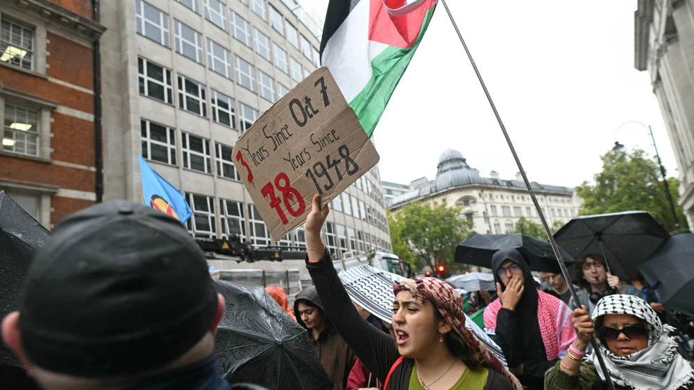 Activists take part in take part in an anti-Israel march in central London on the third anniversary of the Hamas attack on Israel, Oct. 7, 2026. Photo by Justin Tallis/AFP via Getty Images.