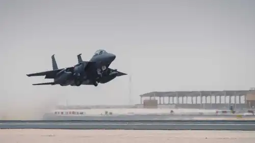 An F-15 Strike Eagle takes off from an undisclosed location within the U.S. Central Command area of responsibility. Source: CENTCOM/X.