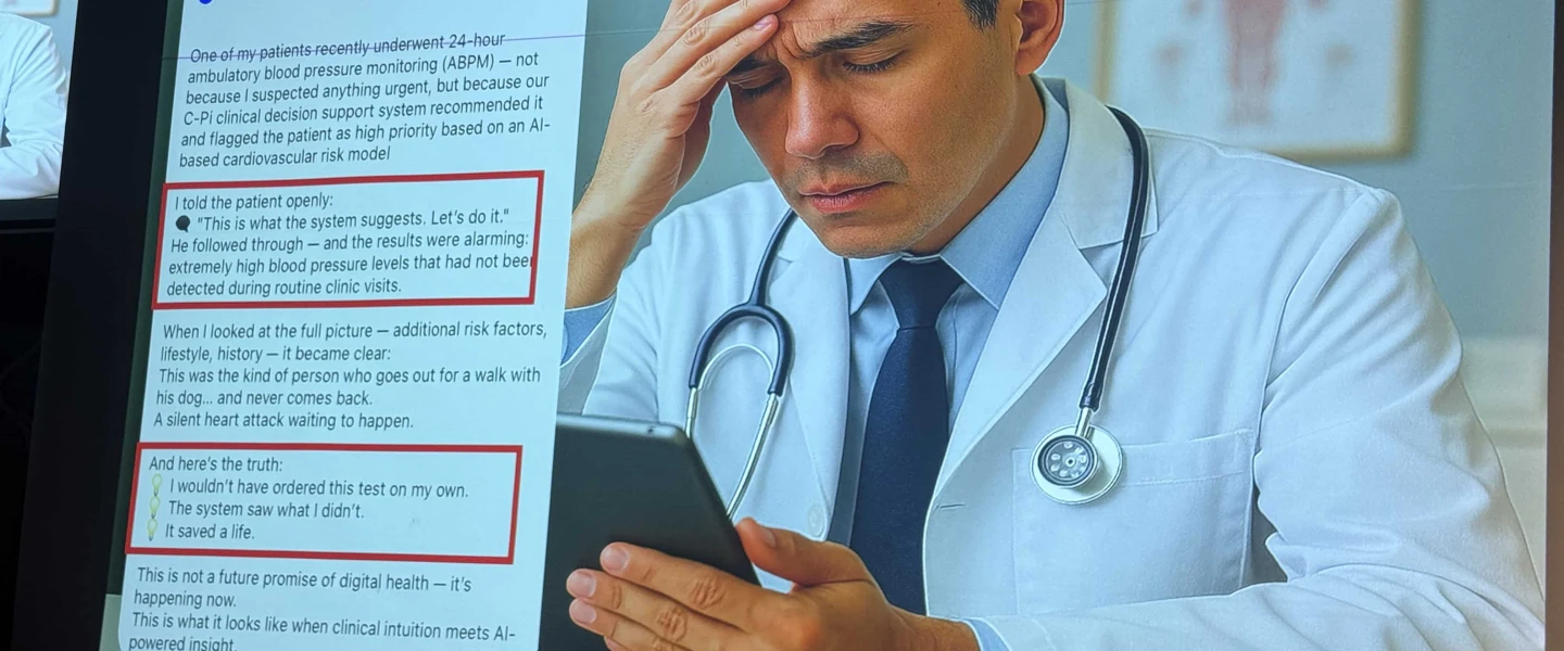 At Tel Aviv University's AI and Health Day conference on Dec. 8, 2025, Prof. Ron Balicer, chief innovation officer and deputy director-general of Clalit Health Services, shared a post by Dr. Alon Toor titled “A Life Saved—Thanks to AI,” describing how an AI-based clinical decision-support system flagged a patient for urgent testing. Photo by Howard Blas.