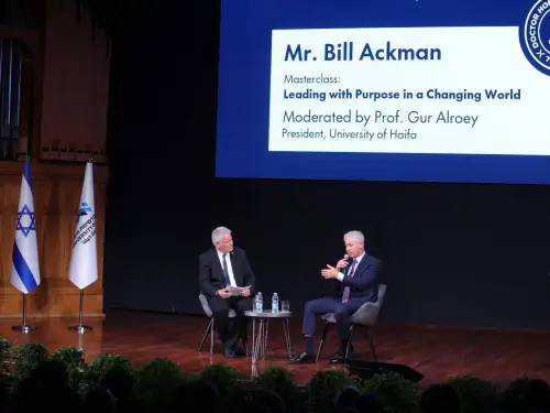 US billionaire investor speaking at Haifa University on Sunday. Credit: Roy Hermoni, September 14, 2025.