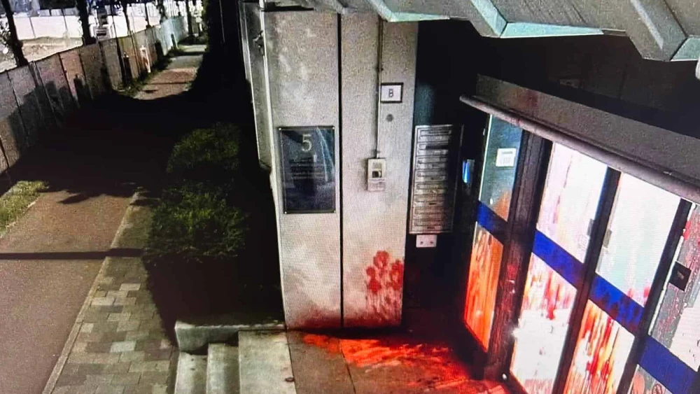 The entrance to the Israeli Embassy in The Hague was smashed and covered in red paint, Aug. 12, 2025. Credit: Israeli Foreign Ministry.
