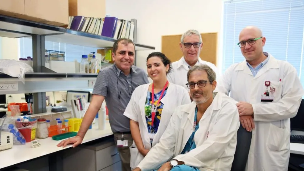 The Rambam and Technion pomegranate juice researchers, from left: Top row, Dr. Nizar Khatib, Professor Zeev Wiener, Dr. Yuval Ginsburg; bottom row, Dr. Noor Saadi and Professor Ron Beloosesky. Photo by Pioter Fliter.