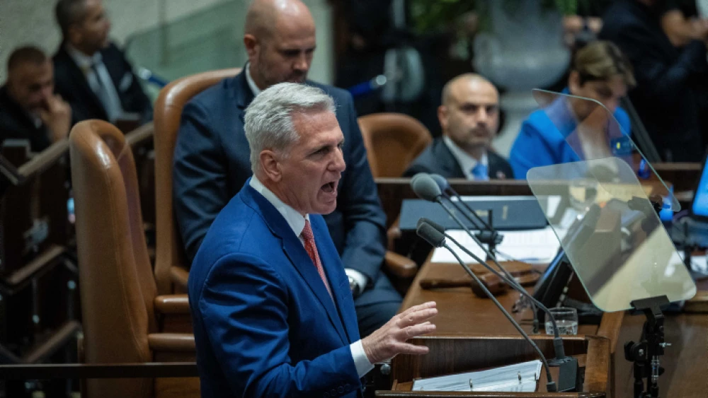 U.S. House Speaker Kevin McCarthy speaks during the opening of the summer session at the Knesset in Jerusalem, May 1, 2023. Photo by Yonatan Sindel/Flash90.