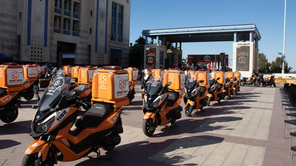 The 150 ambucycles join a fleet of 1,000 ambucycles already operating in Israel for United Hatzalah. Credit: David Isaac.