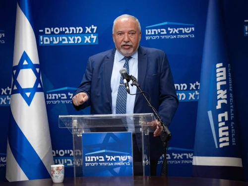 Yisrael Beiteinu Party leader Avigdor Liberman leads a faction meeting at the Knesset in Jerusalem, May 5, 2025. Photo by Yonatan Sindel/Flash90.