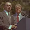 Former Israeli Prime Minister Menachem Begin delivering a speech at the White House in July 1977. Credit: Sa'ar Ya'acov/GPO.