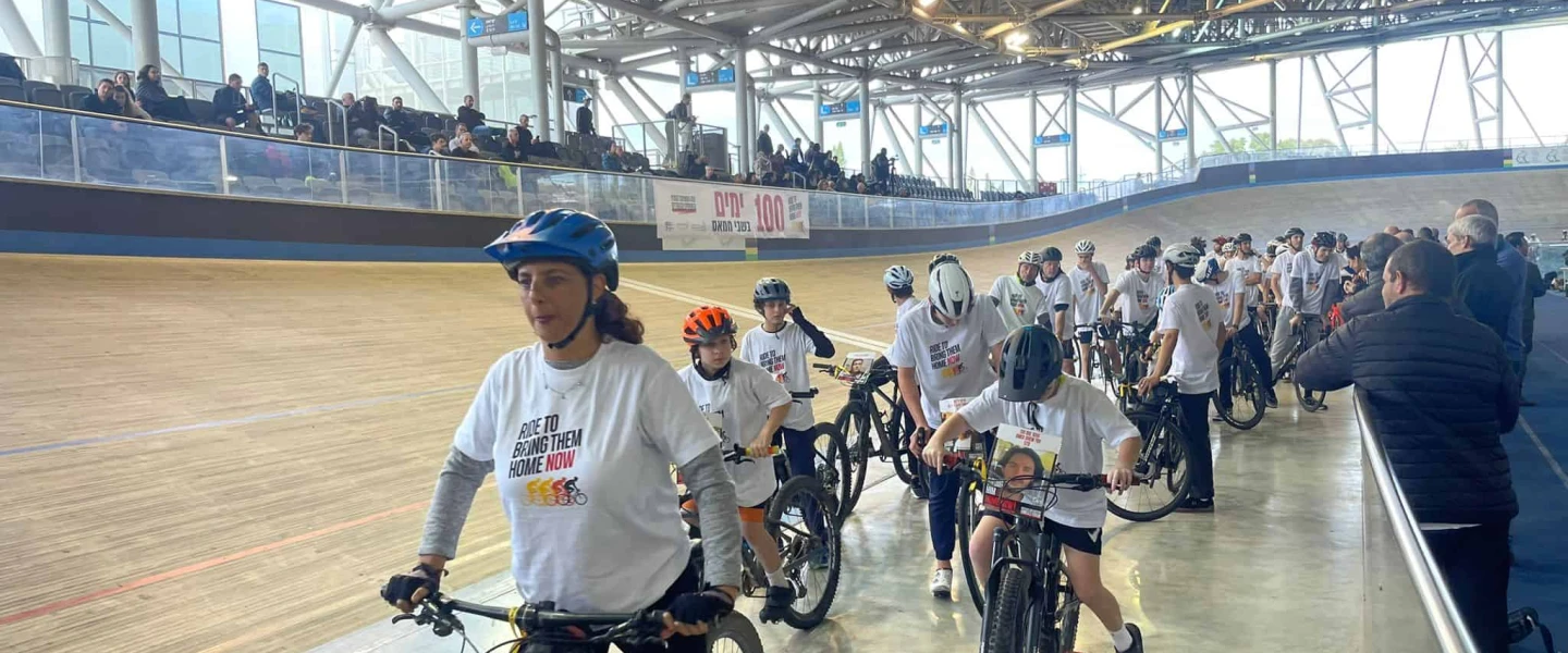 Cyclists join the solidarity ride at Tel Aviv's National Sylvan Adams National Velodrome marking 100 days of captivity for those being held by Hamas in Gaza, Jan. 14, 2024. Credit: Courtesy.