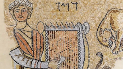 The Gaza City synagogue mosaic of King David with a lyre. Source: X.