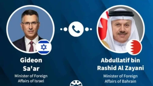 Israeli Foreign Minister Gideon Sa'ar spoke with Minister of Foreign Affairs of Bahrain Abdullatif bin Rashid Al Zayani on Oct. 22, 2025. Credit: MfA.