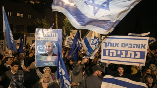 Supporters of Israeli Prime Minister Benjamin Netanyahu show their support outside the Prime Minister's Residence in Jerusalem, following the announcement by Attorney General Avichai Mandelblit that the premier will stand trial for bribery, fraud and breach of trust, Nov. 23, 2019. Photo by Olivier Fitoussi/Flash90.