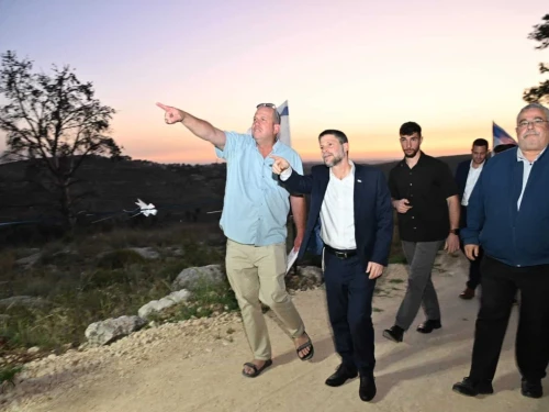 Israel’s Finance Minister Bezalel Smotrich is seen at the center-front of the picture while attending the inauguration ceremony of the Gvaot Forest Scenic Route (Derech Nof Gvaot) in Judea and Samaria on April 20, 2025. Credit: Meir Elipor.