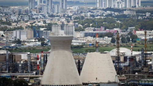 A view of the water cooling towers at the Haifa oil refinery on June 12, 2020, after one of them collapsed. Photo by Meir Vaknin/Flash90.