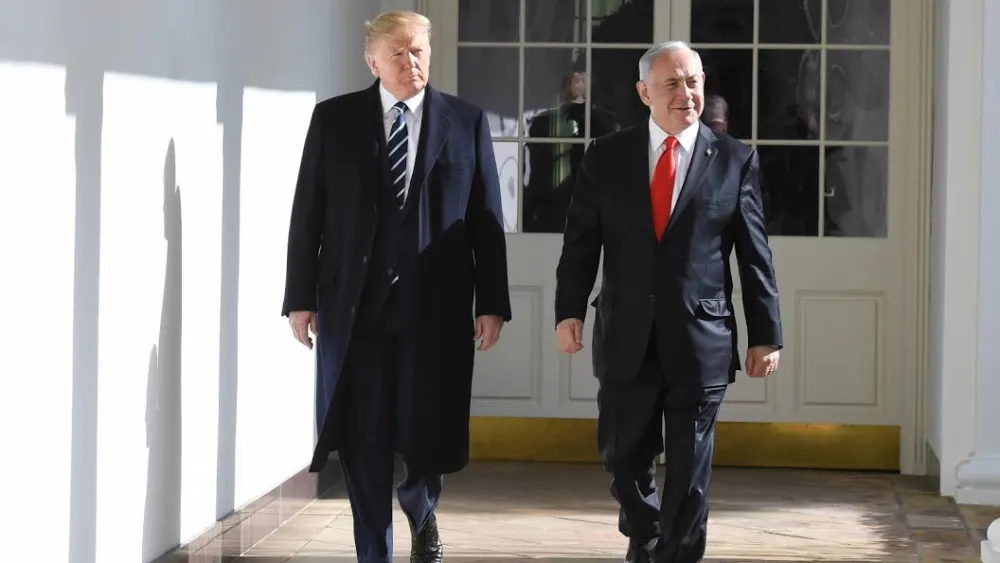 U.S. President Donald Trump with Israeli Prime Minister Benjamin Netanyahu on the White House south portico on Jan. 27, 2020. Photo by Koby Gideon/GPO.