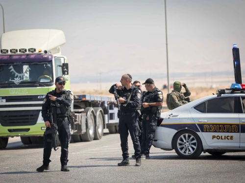 Police at the Allenby Bridge crossing to Jordan after three Israelis were killed by a terrorist on Sept. 8, 2024. Photo by Yonatan Sindel/Flash90.
