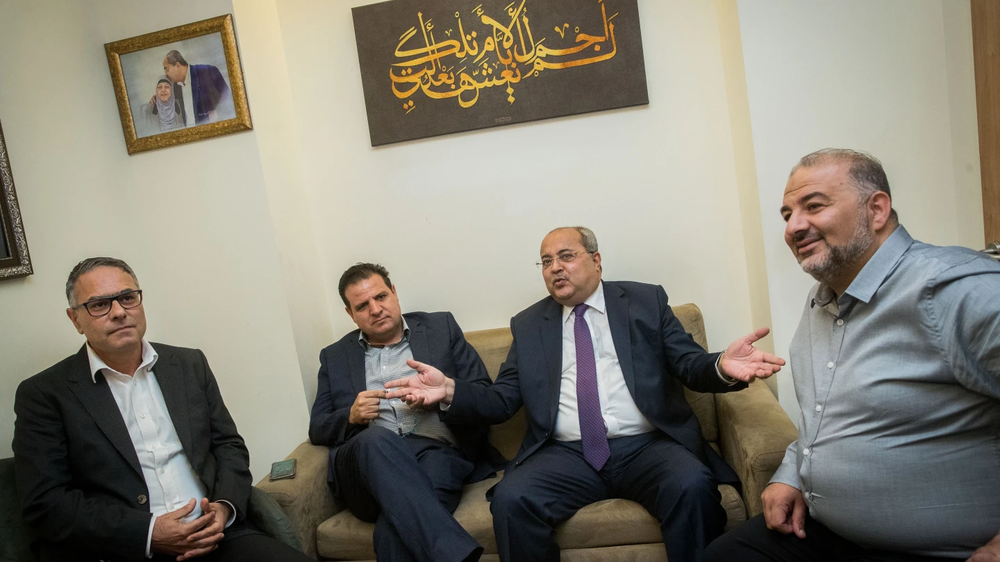 Leader of the Joint Arab List Ayman Odeh (second from left), and party members Ahmad Tibi (second from right), Mtanes Shehadeh (left) and Abd al-Hakim Hajj Yahya, meet at the Knesset on Sept. 22, 2019, Photo by Yonatan Sindel/Flash90.