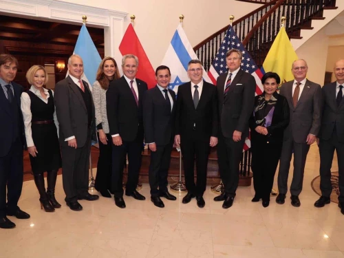 Israeli Foreign Minister Gideon Sa’ar, center, poses with senior officials from the United States, Argentina, Paraguay and Ecuador at an event in Washington, D.C., on Feb. 3, 2026. Source: @gidonsaar/X.