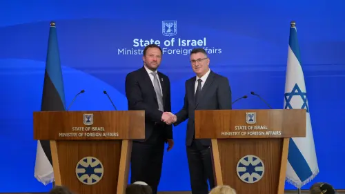 Israeli Foreign Minister Gideon Sa'ar greets Estonian Foreign Minister Margus Tsahkna in Jerusalem, March 17, 2026. Photo by Shlomi Amsalem/ GPO.