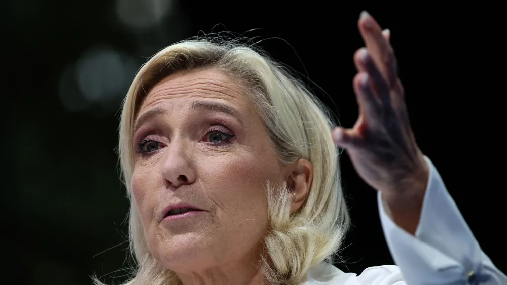 National Rally leader Marine Le Pen delivers a speech during her party's national's summer summit in Beaucaire, southern France, Sept. 16, 2023. Photo by Pascal Guyot/AFP via Getty Images.